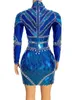 Ny designad blå guld scen slit speglar strass klänning prom kväll sexig dans kostym födelsedagsprestanda anpassad outfit