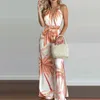 Puloru New Women Halter Tied Jumpsuit Summer Office Lady Leaves Printed Deep V-neck Off-the-shoulder Rompers Backless Suit S-xxl 220321