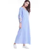 Party Dresses Fashion Women V-neck Embroidery Striped Dress Female Summer Casual Long Ladies Vintage Muslim Arab Middle East Blue DressParty