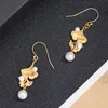 Dangle & Chandelier Chinese Style Ginkgo Leaf Pearl Ear Hooks Earrings 925 Sterling Silver Zircon Gold Plated Long Drop Jewelry E109Dangle