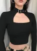 HEYounGIRL Cut Out Black Harajuku Crop T Shirt Gothic Casual Basic Woman Tshirt Tops Long Sleeve Tee Women Cool Streetwear 220326