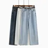 Letnie nowe stylowe kobiety szerokie rurki dżinsowe spodnie przy guziki wysoka talia panie proste dżinsy spodnie swobodne solidne dżinsy L220726