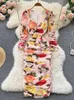 Robes décontractées Maille Tulle Robe D'été Célébrités Soirée Fleur Imprimer Moulante Partie Femmes Gaine Stretch Plis Club VestidosCasual