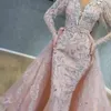 Plus Size Pink Sequins Evening Dresses 2022 Sexy Lace Appliques Crystal Beaded Black Mermaid Long Sleeves Formal Party Dress Prom Gowns