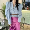 Bahar Yeni Tasarım Kadın Pufu Uzun Kollu Denim kot pantolon Kemer Palto ile Retro Kısa Ceket