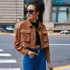 Kurtki damskie Corduroy Kobiet przycięta kurtka swobodna kołnierz browna jesienna elegancka solidna guziki płaszcze streetwearu 2022women's