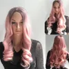 الموضة طويلة الجسم موجة الاصطناعية اللون الوردي شعر شعر مستعار للنساء
