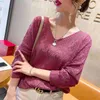 Ladies v Neck Pullover Fashion Crochet Hollow Knit Solid Color Sweater New Loose Thin Spring Casual Bat Shirt Cropped