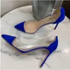 2022Sexy Lady Fashion Women Shoes Blue Suede Leather Pointy Toe Stiletto Stripper High Heels Pumps Designer Transparent PVC Sandals 12cm Big Size 34 42