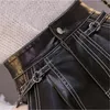 Otoño Invierno Vintage Black Women's Faux PU Pantalones cortos de cuero de cintura alta con cordones Pantalones cortos de pierna ancha Mujer 220419