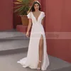 Other Wedding Dresses Chiffon A-Line Side Slit 2022 Fashion Short Sleeve Zipper Back Deep V-Neck Bridal Gowns Sweep Train Custom MadeOther