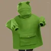 Felpe con cappuccio da donna Felpe con cappuccio Cute Frog Felpa con cappuccio verde spazzolato di media lunghezza Design con cuciture creative Pullover Pocket Sweatershirt