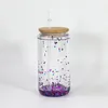 16oz doppelwandige Schneekugel-Glasbecher mit Bambusdeckel, kurze Sublimationsdose, kühlere Gläser, Cola-Bierdosen, Füllung mit glitzerndem Blingbling