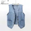 Street Fashion Vneck Denim Vest Women Spring Summer Casual Mouwloze Chaleco Mujer -knoppen losse plus size Jean Waistcoats L220812