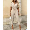 Letters Gedrukt Zwart Casual Korte Mouw Cargo Lange Broek Jumpsuits Met Riem Vrouwen Zomer Halve Knop Vrouwelijke Overalls Jumpsuit