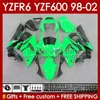 Fairings Kit för Yamaha YZF 600 CC YZF-600 YZF R6 R 6 Green Stock Blk 98-02 Body 145no.136 YZF600 600CC COWLING YZF-R6 1998 1999 2000 2001 2002 YZFR6 98 99 00 01 02 OEM BODYWORD