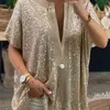 Women Short Sleeve Sequins T Shirt Summer Top Femme Tees Ladies Shirts Clothes Sexy V Neck Loose Casual Silver Gold Color 220408