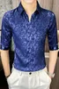 Camisas de seda azul royal Festa de casamento masculino Use blusas de cetim lisas para o verão elegante e elegante roupas masculinas Slim Fit Club