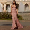 Deep V Neck Sequined Prom Dresses Rose Pink Sexy Plus Size Evening Dress Custom Made Open Back Zipper Formal Floor Length Party Gown