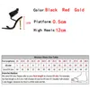 Sandálias femininas de salto alto gladiador de 12 cm, moda, bico fino, estilete, salto fino, feminino, sapatos de casamento com tiras, preto, vermelho 220328