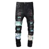 High street trend jeans hombres jóvenes high craft ripped patch color line stretch slim fit jeans