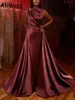 Burgundy Elegant Satin Ruched Evening Dresses With Detachable Train Long Sleeves Prom Party Gowns Arabic Aso Ebi Women Formal Occa300s