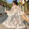 Women's Swimwear Sexy See Through Embroidered Long Kimono Cardigan White Chiffon Tunic Fashion Beachwear Women Tops And BlousesWomen's