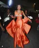 2022 Plus Size Arabic Aso Ebi Orange Mermaid Sexy Prom Dresses Pärled Satin Evening Formal Party Second Reception Birthday Engagement Gowns Dress ZJ207