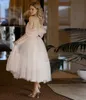 Blush Pink Wedding Dress Tea-Length Off Shoulder Tulle Illusion Short Boho Wedding Party Gowns For Women Vestido