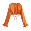 Orange Blouses Long Sleeves With Feather Y2k Clothes Chic Lady T-shirt Waist Ties Top Women Tops Sexy Sleeve T-shirts Party 220328