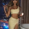 Dulzura Bling Sequin Femmes 2 pièces Sets One épaule Crop Top Trawstring Rucée Slit MIDI Jupe Matching Club Party Party Tenits 220611