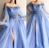 2022 Fairy Sky Blue Prom -klänningar Appliques Pearl A Line Jewel Poet Long Sleeves Formella aftonklänningar Front Split Plus Size Vestidos de Fiest BC14052 B0712S