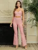 Women's Two Piece Pants Rayon Bandage Set 2 Pieces White Pink Khaki Strap Sleeveless Crop Top And Long Trousers Sexy Celebrity Party WearWom