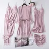 Vit Silk Pyjamas Set Women 5st Bride Wedding Robe Nightgown Sexig Lace Chemise Sleepwear Kimono Bathrobe Gown Lingerie 220527