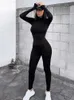 solid black/gray long sleeve skiing jumpsuit women elastic hight outfit fashion fitness sportwear slim rompers streetwear