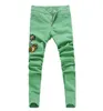 メンズジーンズファッションリッピング男性刺繍細工ズーリパンツマン春の夏イエローグリーンピンクのデニンプラスサイザーズ
