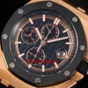 RS Factory Watches RSF 26400 44mm Rose Gold Cal.3126 / ETA7750 Automatic Chronograph Mens Watch Ceramic Bezel Black Dial Rubber Strap Gents Wristwatches