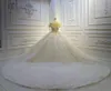 2022 화려한 볼 가운 웨딩 드레스 3D 플로럴 아플리케 스팽글 스팽글 스위프 트레인 커스텀 스윕 가운 신부 드레스 C0623W05