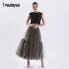 Treutoyeu Vintage Gothic Black White Pleated Long Tulle Skirt Tutu Femme High Waisted Runway Soft Mesh Skirts Womens Jupe 220317