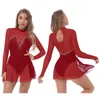 Women Long Sleeves Gymnastics Skirted Leotard Shiny Ballet Dancewear Figure Skating Dress Stage Performance Costume a220812