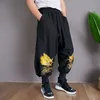 Loose katoenen linnen linnen druppel kruisbroek elastische taille lantaarn baggy broek geborduurde draken streetwear