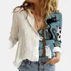 Retro Face Print T Shirt Women Fashion Stitching Long Sleeve Tee Shirts Spring Lapel Button Casual Top Lady Linen T-Shirts 220408