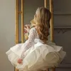 Girl's jurken prachtige witte bloemenmeisje kralen lange mouwen pageant jurken ruches ball kinderen prinses voor bruiloft verjaardaggirl's