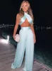 HOVON Slik Elastic Strapless Tracksuit Sexy Two Piece Set Women Halter Cross Backless Top And Wide Leg Pant Suit Summer Outfits 220527