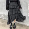 Houzhou Preto Saia Longa Gótico Alta Baixa Ruched Ruffle Cinturada Assimétrica Midi Coreano Moda Goth Grunge 220401