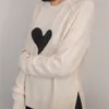 Women Knitted O-neck Sweater Heart Pattern Long Sleeve Side Split Cashmere Jumper Knitwear Female Pullover Top 201223