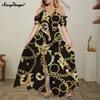 NoisyDesigns Golden Luxury Floral Women Plus Size 4XL Shoulder Flower Maxi Bohemian Split Black Dress Ruffles Vestidos Robe 220627
