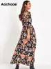 Aachoae Vintage Floral Print Maxi платье женщины Boho три четверти рукав Длинное платье Отказ от воротника повседневные рубашки платья рубашка 220516