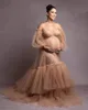 Olive Maternity Prom Dresses Sheer Tulle Photo Robe Sweetheart Long Sleeve Front Open Mesh Puffy Photoshoot or Babyshower Dress