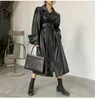 Trench-Coat en cuir surdimensionné pour femmes, manches longues, revers, coupe ample, élégant, noir, vêtements pour femmes, Streetwear, cadeau de fête des mères